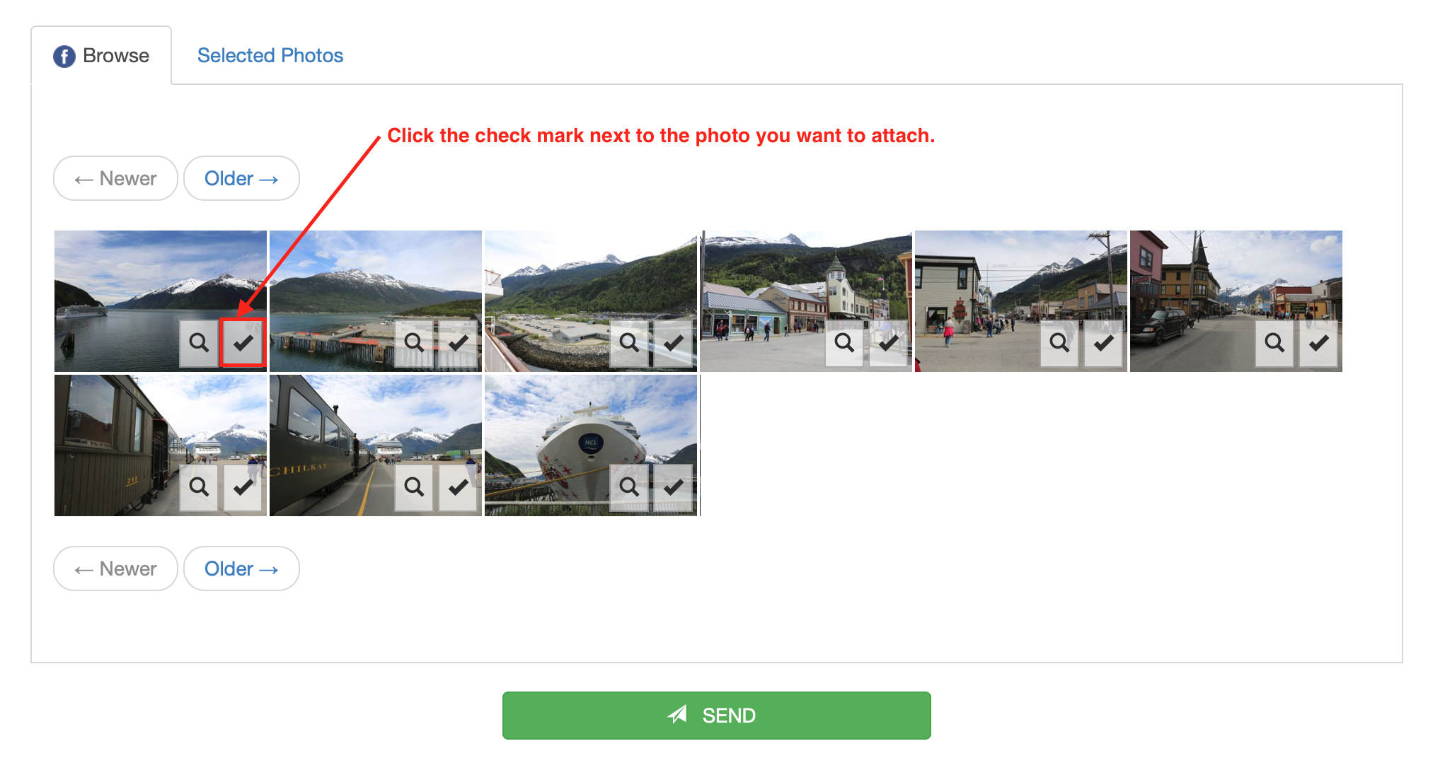 Select the photo(s) you would like to attach by clicking the checkmark under the photo(s). 
