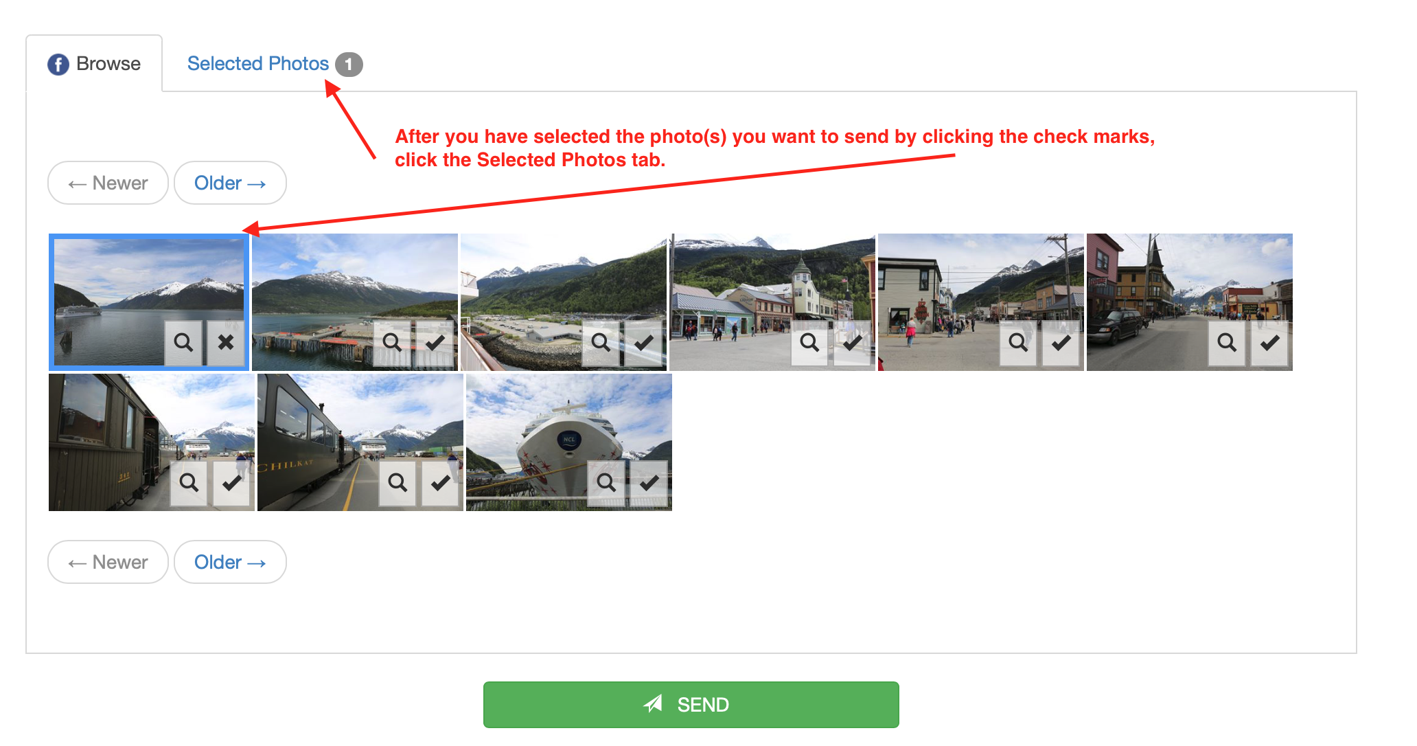 After you have selected the photos you would like to attach, click the Selected Photos tab. 
